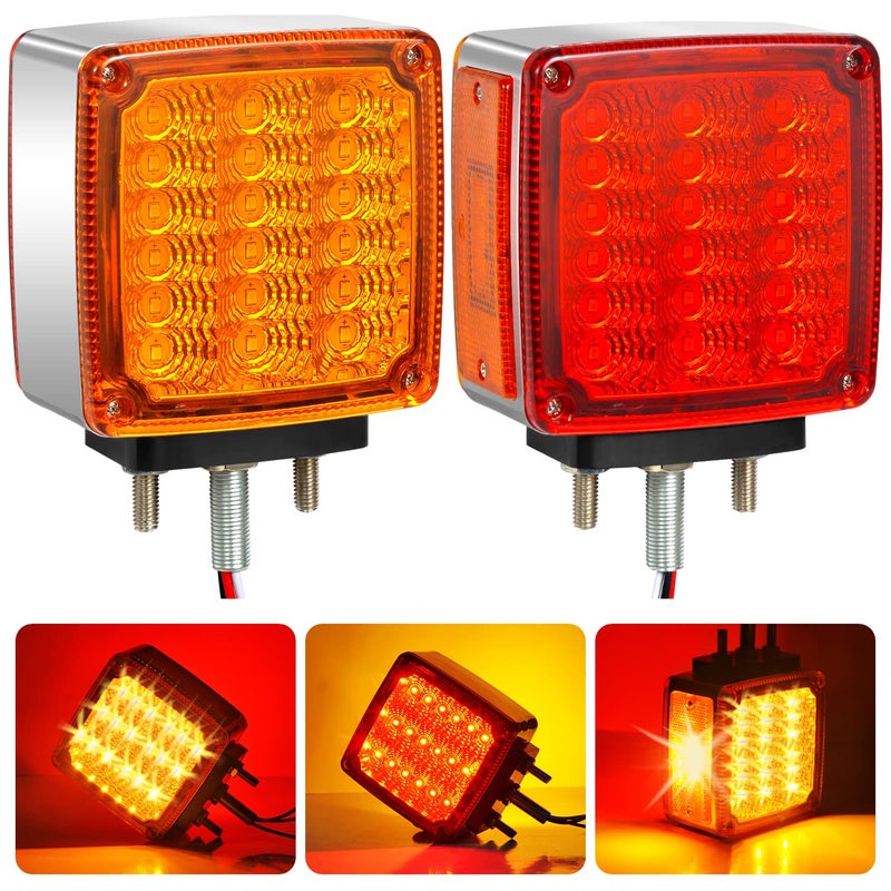 Aukmak 2pcs Amber + Red 39 LED Square Pedestal Lights Stud Mount Trailer Fender Lights Double Face Semi Truck LED Turn Signal Light Trucks Accessories Side Marker - Image 1